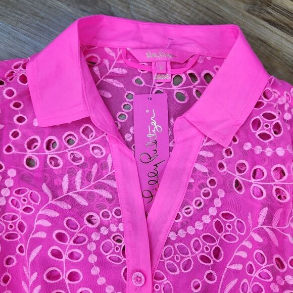 🩵NWT Lilly Pulitzer Pink Isle Amrita Swirly Fern Scalloped Eyelet Dress Size 2 - Picture 7 of 15
